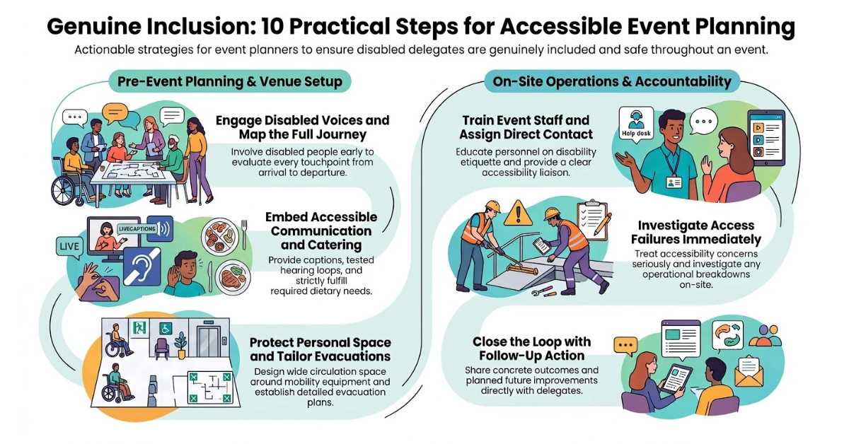 Infographic titled "Genuine Inclusion: 10 Practical Steps for Accessible Event Planning." It presents actionable strategies for event planners divided into two main categories: "Pre-Event Planning & Venue Setup" and "On-Site Operations & Accountability.